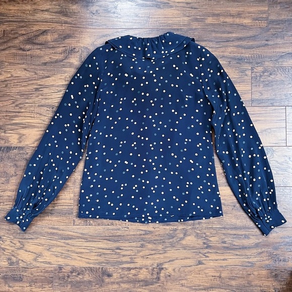 Kate Spade • Lynette Blouse silk polka dot navy blue ruffle collar bow tie neck - Picture 14 of 14